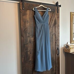 Blue David’s Bridal bridesmaid dress.